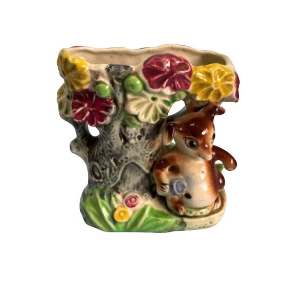 Vintage Japan Chipmunk Wall Pocket Planter Tree Flowers Hand Painted 1950s 5.25 - Picture 1 of 6